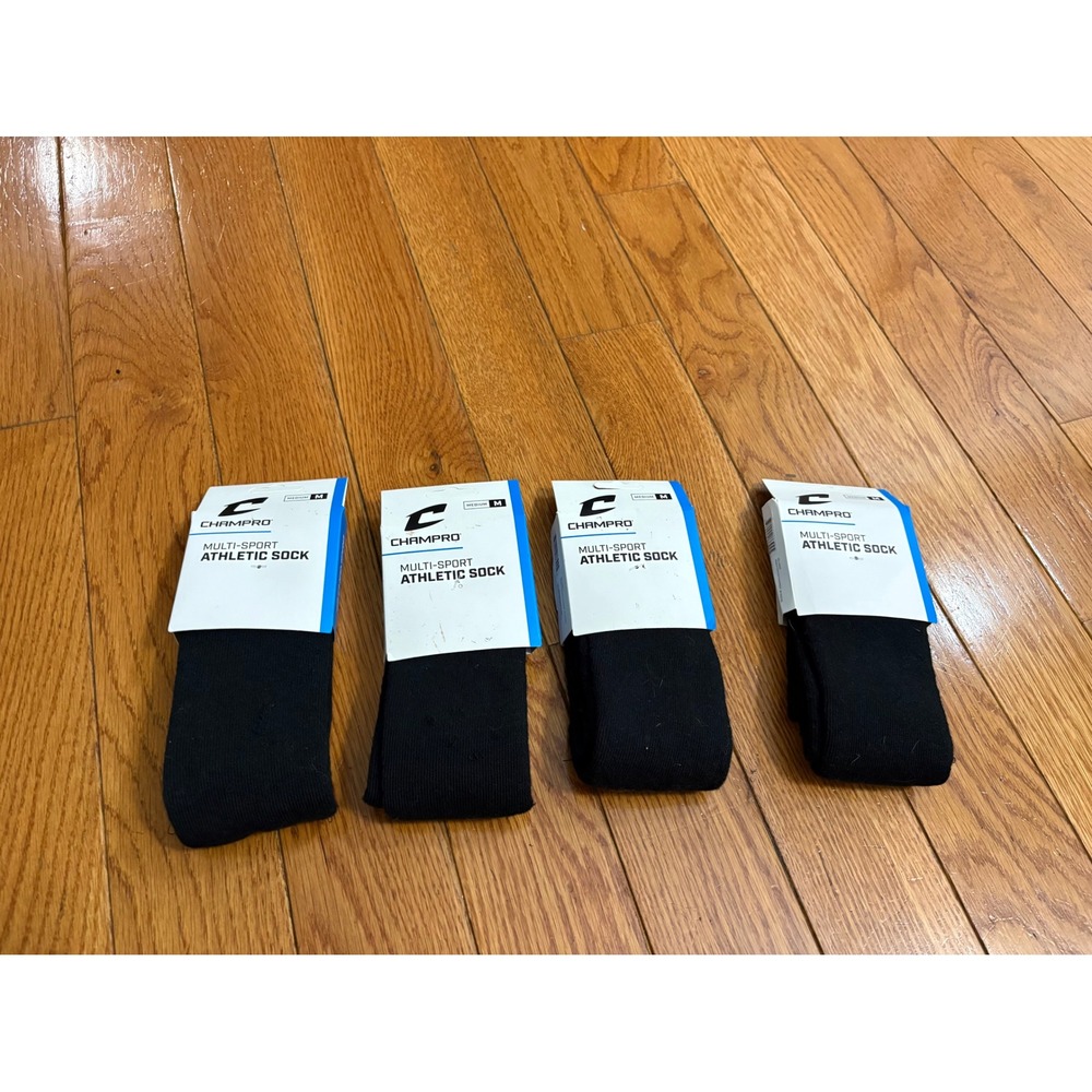 New Champro Multi-Sport Athletic Socks Black Over-the-Calf 4 Pairs Medium